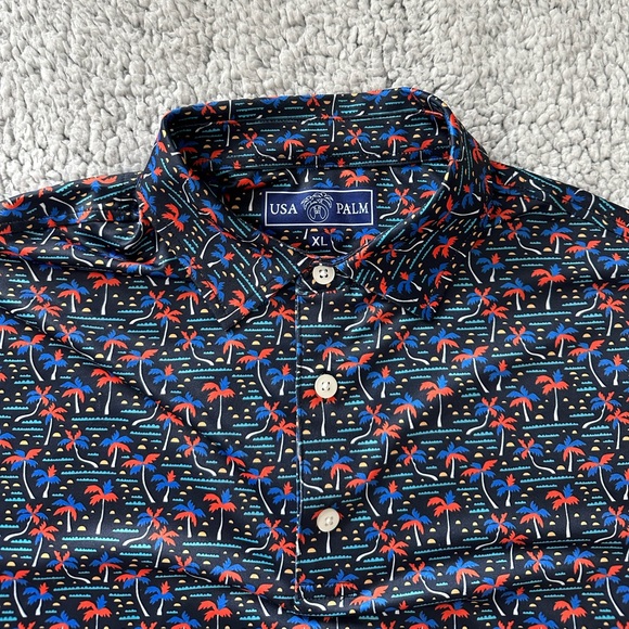 USA Palm silky soft short sleeve collared button polo shirt XL island print - Picture 2 of 14